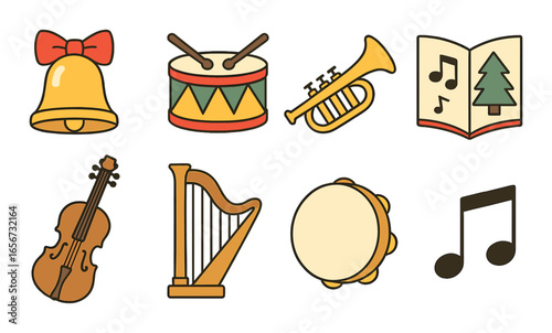 Colorful musical instruments and holiday symbols in cartoon style