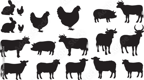 Farm animal silhouettes including cows pigs sheep rabbits and chickens, farm animal, silhouette, black and white, cow, cattle, pig, swine, sheep, lamb, rabbit, bunny, chicken, hen, rooster, livestock,