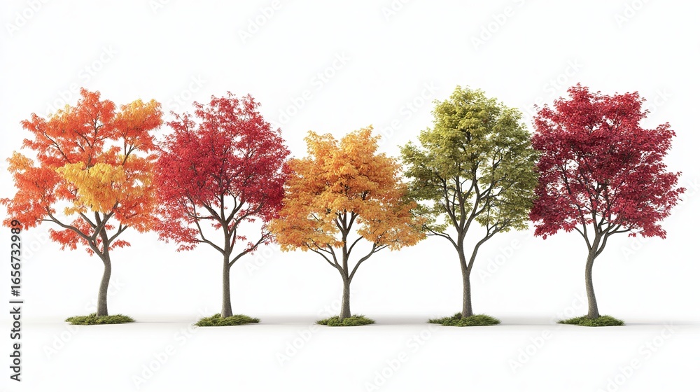 Naklejka premium Six Japanese maple trees of different colors, in various shapes and sizes, isolated on a white background. png