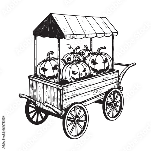 Spooky halloween pumpkins displayed in a vintage wooden cart illustration in black and white
