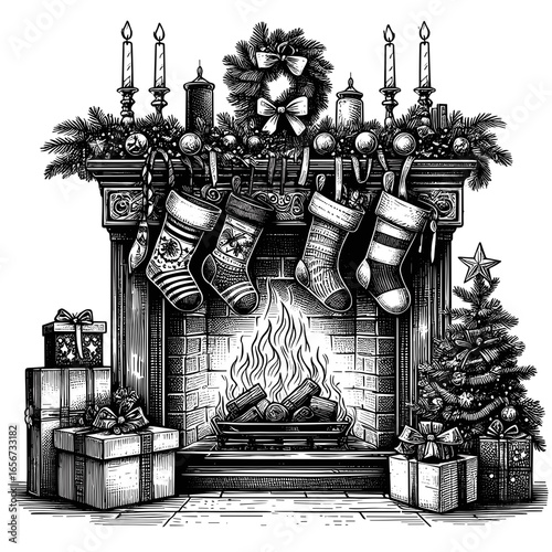 Christmas Fireplace Decor in Illustrative Style Black White Holiday Decor