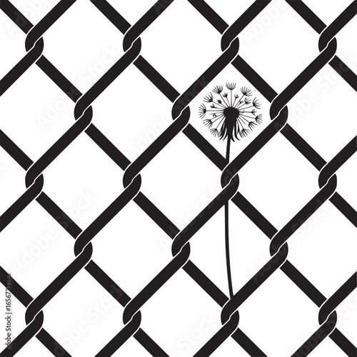 Vector art of a dandelion seed head caught in a chainlink fence, creating a contrast between freedom and confinement