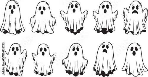 Ten cartoon ghost illustrations with different facial expressions, ghost, halloween, spooky, scary, cute, cartoon, illustration, drawing, character, spirit, phantom, apparition, specter, ghoul, monste