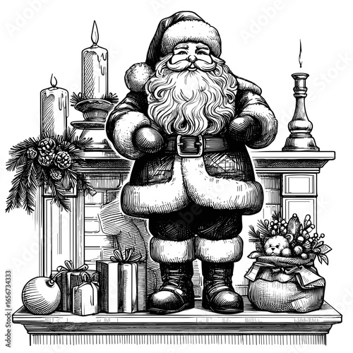 Santa Claus smiling standing near fireplace