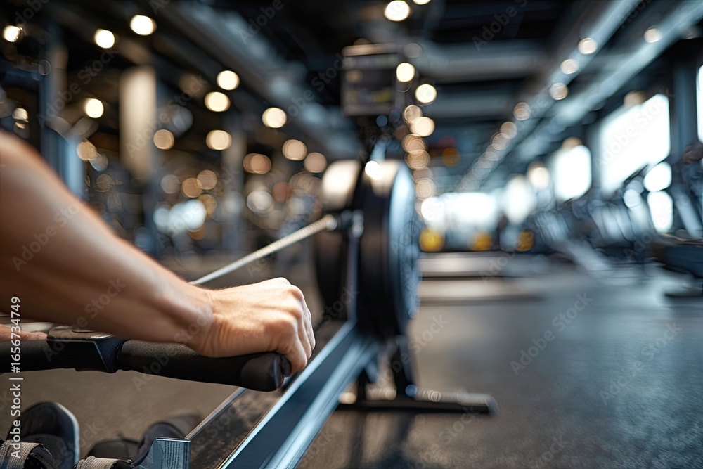 Fototapeta premium Close-up of a person's hand working out on a rowing machine in a gym