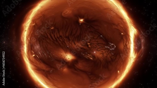 Fiery planet engulfs frame with turbulent surface and luminous corona against starry backdrop