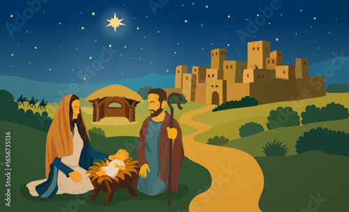 Holy Family Nativity Scene with Baby Jesus under the Star of Bethlehem