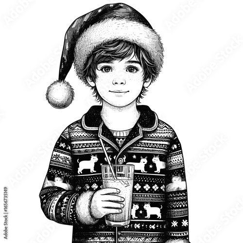 Boy in Santa hat drinking milk in festive pajamas