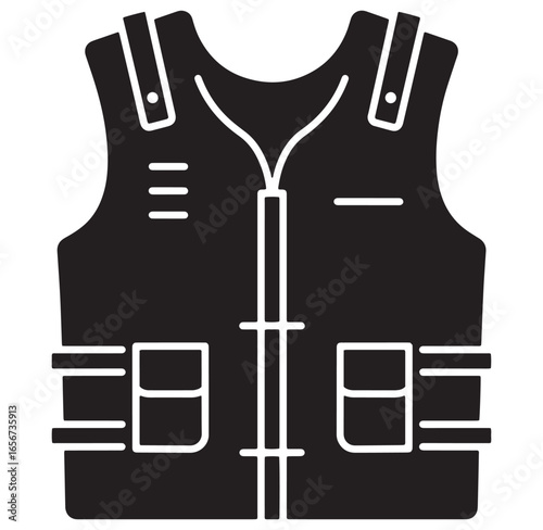 Black and white vector illustration of a detailed bulletproof vest or protective body armor