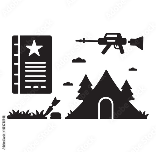 Black and white vector illustration of a military camp and wilderness concept