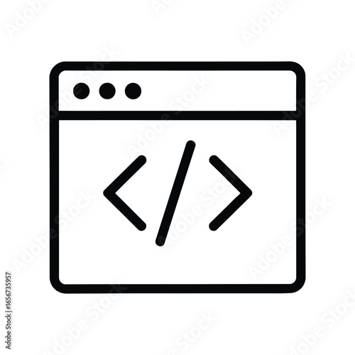 Coding Line Icon. Web Development Symbol with Brackets in Browser Window. Outline Programming and Software Vector for UI.