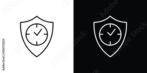 Shield Icon with Clock and Checkmark, Isolated on White Background