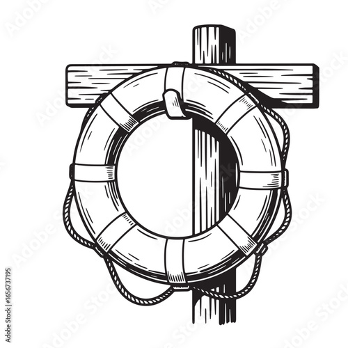 Vintage style cross with life preserver symbolizing faith salvation and protection