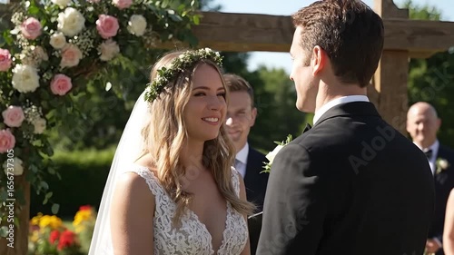 Bride and Groom, happy, getting married at a beautiful outdoor summer wedding