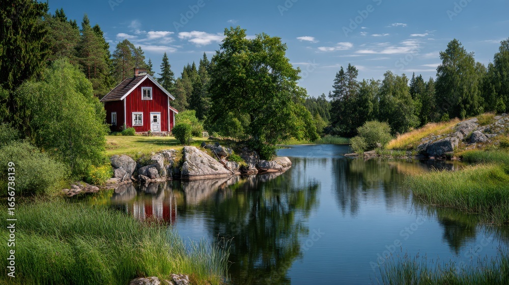 Obraz premium Charming red house by tranquil lake with lush green surroundings and blue sky