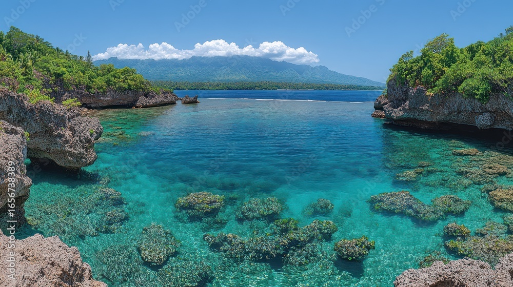 Naklejka premium Tropical bay with clear turquoise water and rocky coastline