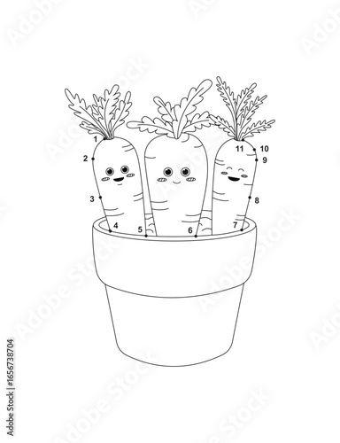 Cute Cartoon Carrots Connect the Dots Coloring Page for Kids – Fun Printable Activity Worksheet, Educational Dot to Dot Puzzle, Kawaii Food Line Art Illustration for Children