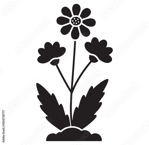 Simple black and white floral silhouette depicting a daisy and other flowers in bloom