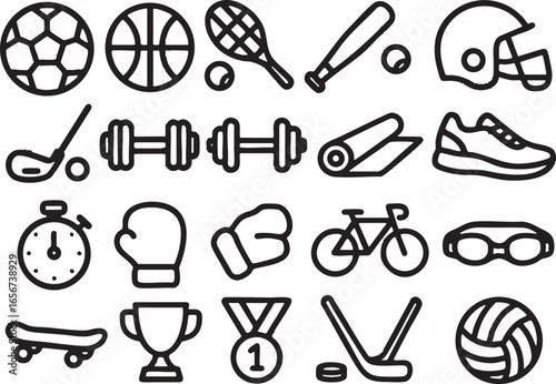 Sports icons in bold style: soccer, basketball, tennis, gym gear, trophies, and more.