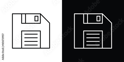Floppy Disk Icon in Line Art with White and Black Backgrounds