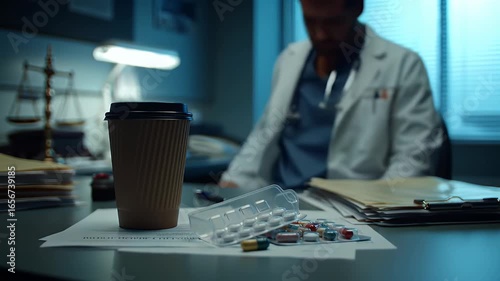 Tired doctor sitting in his office with coffee cup, pills, and documents late at night