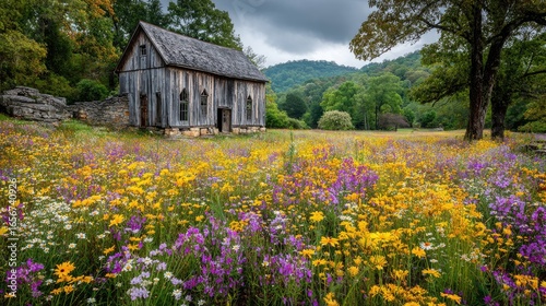 Rustic Cabin in Floral Meadow
