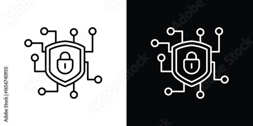 Cyber Security Icon in Network Design with White and Black Backgrounds