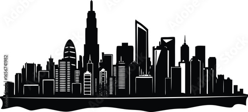 Iconic hong kong skyline silhouette on a clean white background perfect for cityscapes and travel themes