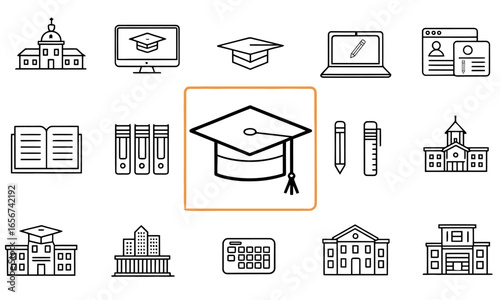 Educational icon set for learning concepts campus buildings books graduation caps laptops and screens vector