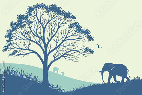 African Elephants Landscape: A Serene Wildlife Vector Illustration