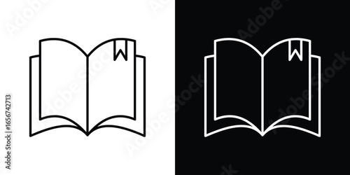 Open Book Icon with Bookmark, Isolated on White and Black Backgrounds
