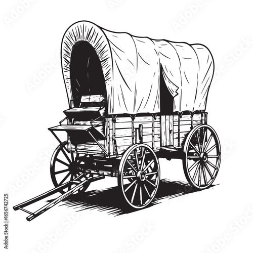 Antique covered wagon illustration depicting historical transportation and pioneer era