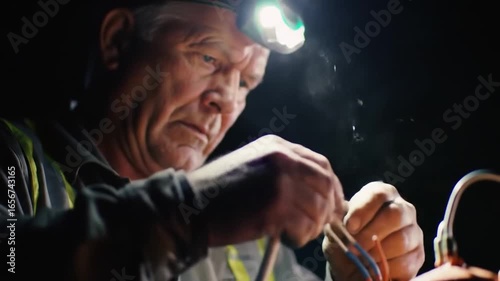 Concentrated electrician meticulously strips wires in dim light setting, illuminated by a headlamp