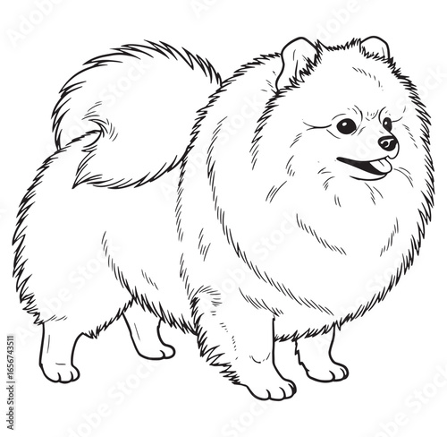 Adorable black and white line art illustration of a fluffy pomeranian dog standing proud