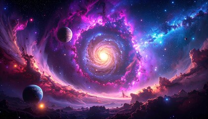 Papier peint photo Prune A vibrant, swirling galaxy and nebulae fill the cosmos with otherworldly colors and celestial bodies in this stunning digital art piece.  © Harumus