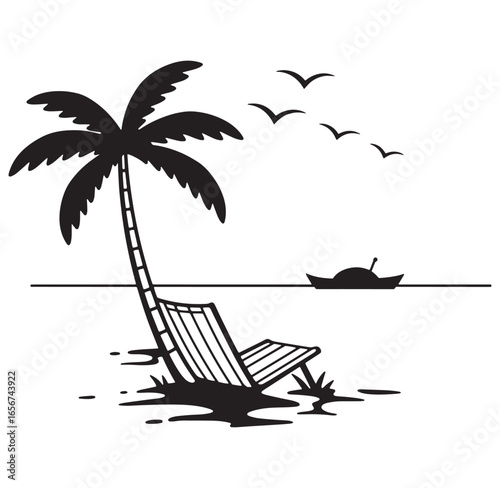 Black and white beach scene with palm tree reclining chair and boat silhouettes