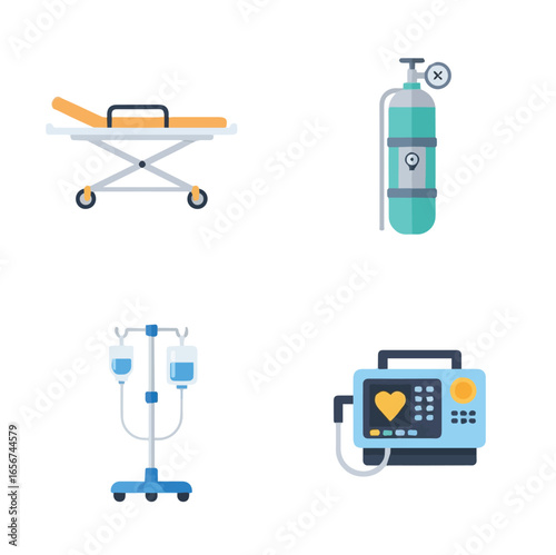 Medical Equipment Collection: Stretcher, Oxygen Tank, IV Drip, Defibrillator - Hospital Device Graphics For Medical Design and Education illustration projects