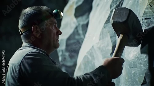 Dedicated Craftsman at Work: Hammering Slate Stone in Underground Mine
