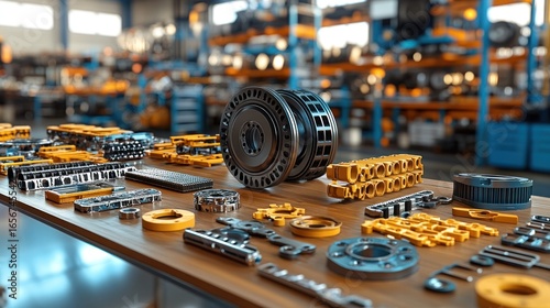 Various machine parts on wooden table in a workshop