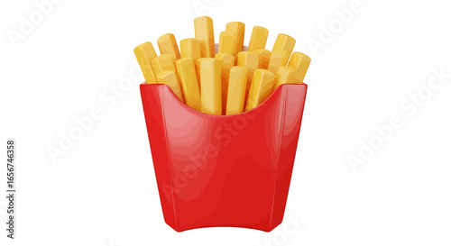 Stylized 3D render of crispy golden french fries in a red carton, an iconic fast food meal isolated on a white background.