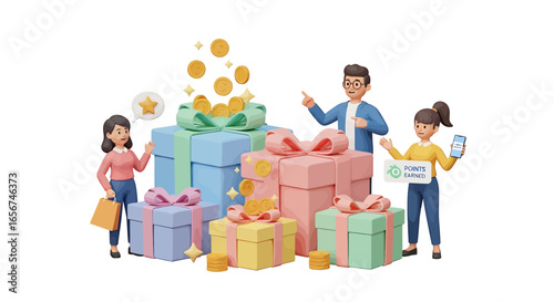 Happy people receiving gift boxes and rewards with coins and stars, celebrating success and achievement