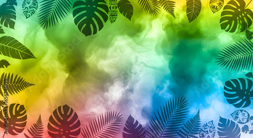 Colorful smoke background with layered tropical leaves creates a festive Brazilian vibe, carnival, summer parties, and exotic rainforest-inspired designs.