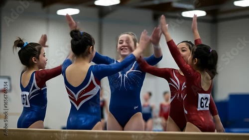A group of young gymnasts in leotards smile together indoors after a competition