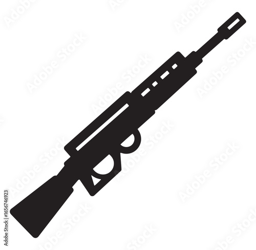 Detailed black outline illustration of a modern assault rifle isolated on white background