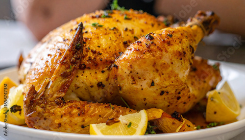 Golden roasted whole chicken with crispy skin, herbs and lemon slices. Tasty meal. Delicious food.