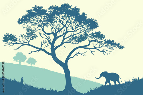 Mann und Elefant unter einem Baum – druckbare Natursilhouette