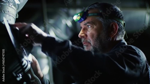 Industrial Technician Inspecting System Underneath Structure Wearing Headlamp