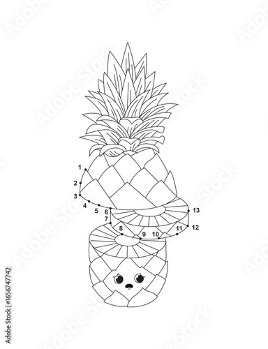 Cute Cartoon Pineapple Connect the Dots Coloring Page for Kids – Fun Printable Activity Worksheet, Educational Dot to Dot Puzzle, Kawaii Food Line Art Illustration for Children
