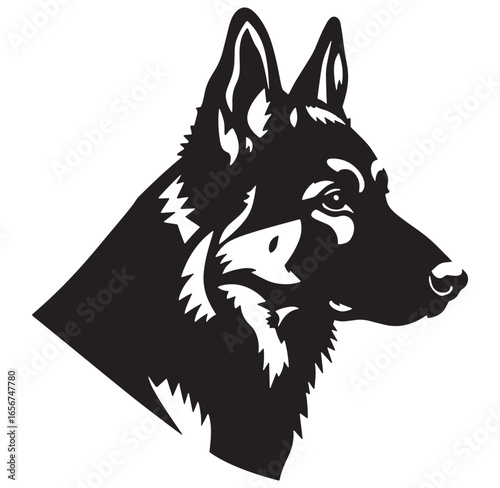 Elegant black and white vector portrait of a german shepherd dog head profile