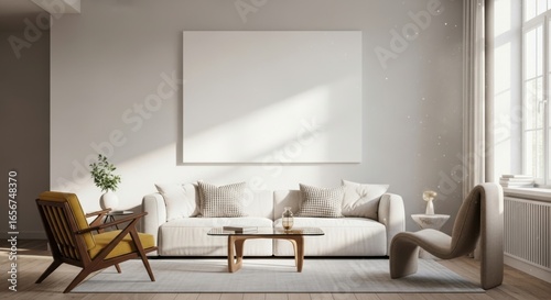 Sunlit modern living room with plush sofa and accent chairs bathed in natural light